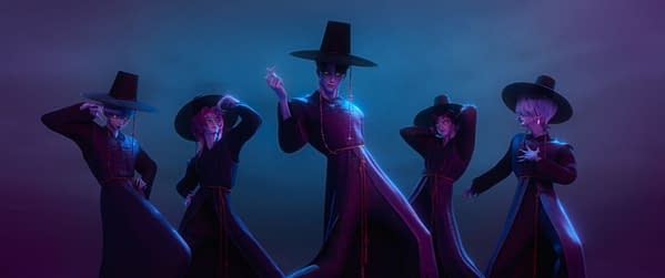 A colorful animated illustration of five stylized characters dressed as demon hunters, wearing traditional hats and black outfits, posed dramatically against a moody, purple-blue background. The characters embody a supernatural theme, reflecting the essence of KPop demon hunters.
