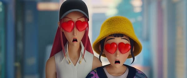 A colorful animated scene featuring two characters with heart-shaped sunglasses, one wearing a yellow hat and the other a white shirt. They appear surprised, likely facing an unexpected challenge related to their secret identities as Kpop demon hunters.