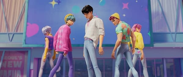 A digital illustration featuring stylized K-pop characters posing confidently, dressed in trendy outfits with pastel colors. They are set against a colorful background that includes hearts and stars, themed around the concept of K-pop and supernatural elements.