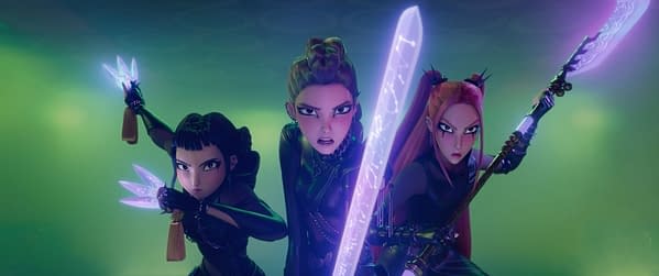 Animated characters from 'KPop Demon Hunters' prepare for battle, wielding glowing weapons. The scene features three fierce female demon hunters, showcasing their determined expressions and unique weapons against a vibrant background.