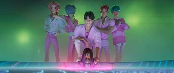 A colorful animated scene from 'KPop Demon Hunters' featuring six characters in stylish outfits with pastel colors, prominently displaying Jinu in the center, who appears to be interacting with a mysterious figure on the ground. The background is illuminated with a green glow and digital neon elements.