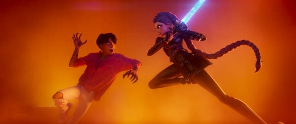 A vibrant scene from 'KPop Demon Hunters' featuring animated characters Jinu and Rumi in an action pose. Rumi wields a glowing sword, while Jinu reacts dramatically in a colorful, smoky background.