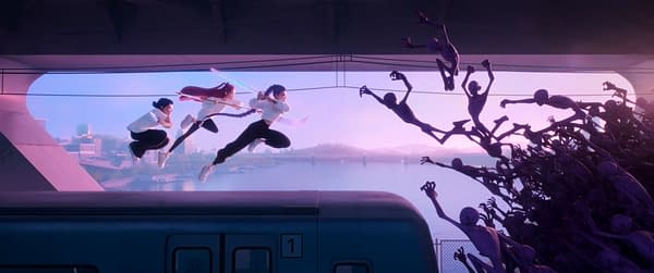 Animated scene from 'KPop Demon Hunters' featuring three K-pop superstars equipped with swords, leaping into action against a horde of demon-like figures, with a cityscape and river in the background.