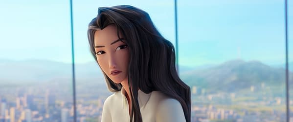 A digital illustration of a young woman with long dark hair, gazing thoughtfully at the viewer. She represents Celine, a character from the animated series 'KPop Demon Hunters.'