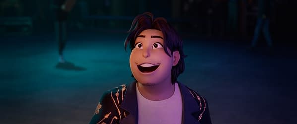 A joyful animated character named Bobby from the series 'KPOP DEMON HUNTERS', showcasing excitement in a dark, vibrant setting. The character has light brown hair with a relaxed hairstyle and is wearing a stylish outfit.