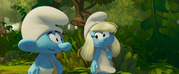 An animated scene featuring two Smurfs, No Name and Smurfette, in a lush green forest. No Name is blue with a white hat and bag, while Smurfette, also blue, has blonde hair and is wearing a white dress.