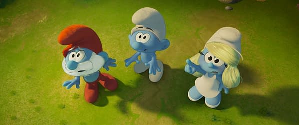 A colorful cartoon illustration featuring Papa Smurf, No Name, and Smurfette, looking surprised and gesturing, set against a green background. This image is related to the 'Smurfs' franchise.