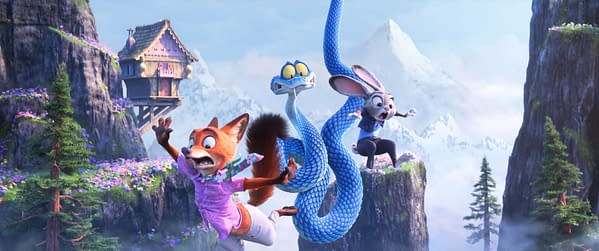 A cartoon illustration from "Zootopia 2" featuring the characters Nick Wilde, a fox wearing a floral shirt, Judy Hopps, a rabbit, and Gary De'Snake, a snake, all appearing startled and leaping in a vibrant, mountainous landscape filled with greenery and flowers. This animated scene captures the adventurous spirit of Disney's upcoming release.