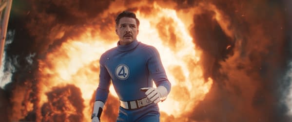 Illustration featuring Pedro Pascal as Reed Richards/Mister Fantastic, dressed in a blue suit with the number four emblem, amidst a fiery backdrop, representing his role in Marvel Studios' 'The Fantastic Four: First Steps'.
