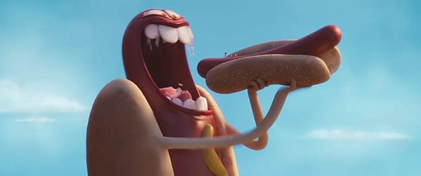 A cartoon hot dog character with a wide mouth, excitedly holding two hot dog buns, set against a bright blue sky. This illustration captures a playful moment from the upcoming comedy adventure 'In Your Dreams'.