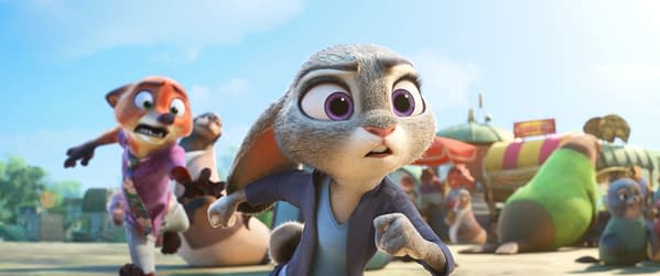In this animated scene from "Zootopia 2," the rabbit Judy Hopps looks worried as she runs forward, while Nick Wilde, a fox, follows behind her, both characters displaying urgency and emotion in a vibrant, bustling setting.
