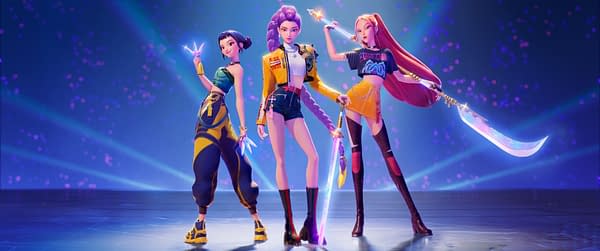 A vibrant digital illustration featuring three stylized female characters, each holding unique weapons, set against a colorful background with glowing lights. The characters showcase a blend of contemporary fashion and a fantasy aesthetic, embodying the theme of KPop Demon Hunters.