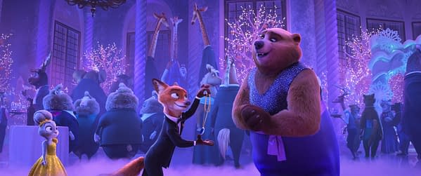 In this animated scene from 'Zootopia 2,' characters Judy Hopps and Nick Wilde interact at a festive gathering, while a bear character, the Bearoness, is nearby. The setting features vibrant decorations and other animal characters in formal attire.