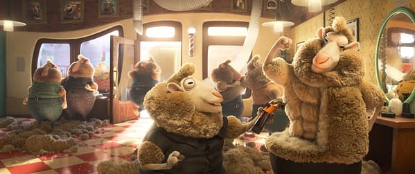 A cartoon scene from "Zootopia 2," featuring anthropomorphic sheep in a barber shop, with one sheep styling another while piles of wool cover the floor. The lively atmosphere hints at comedic moments typical of Disney animation.