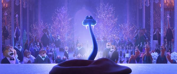 A snake named Gary De'Snake, voiced by Ke Huy Quan, is the focal point of a lavish gathering in a colorful animated scene from Disney's Zootopia 2. The backdrop features various animals dressed in formal attire, surrounded by glowing holiday decorations, creating a festive atmosphere.