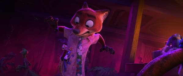 A cartoon character, Nick Wilde, portrayed in a vibrant scene from 'Zootopia 2.' He is wearing a floral shirt and a tie, and appears to be interacting with small creatures while surrounded by a colorful background.