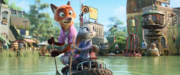 Nick Wilde and Judy Hopps from Disney's animated film "Zootopia 2" are navigating a colorful, bustling environment while steering a makeshift vehicle with poles. The scene captures the vibrant animation style typical of Walt Disney Animation Studios.