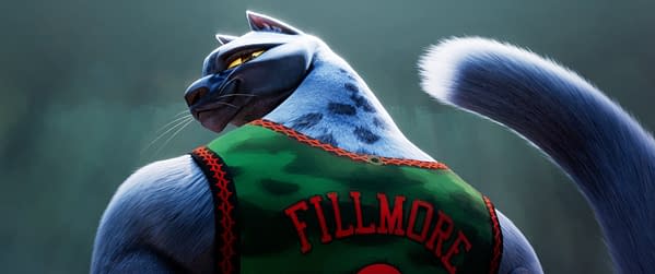 A stylized, anthropomorphic blue cat with striking yellow eyes wears a green camouflage jersey that reads 'FILLMORE.' The cat is posed in profile, showcasing its muscular build and long, fluffy tail.