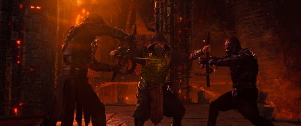 Scene from a battle in a dark, fiery environment featuring three combatants: one wielding a sword and wearing an ornate gold and black outfit, while the other two are clad in dark armor and engaged in an intense fight.
