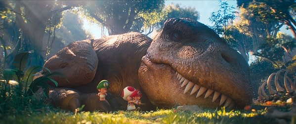 A vibrant illustration featuring a large Tyrannosaurus rex lying down in a lush, prehistoric landscape. In the foreground, two small characters resembling Mario and Luigi stand near the dinosaur, adding a whimsical touch to the scene.