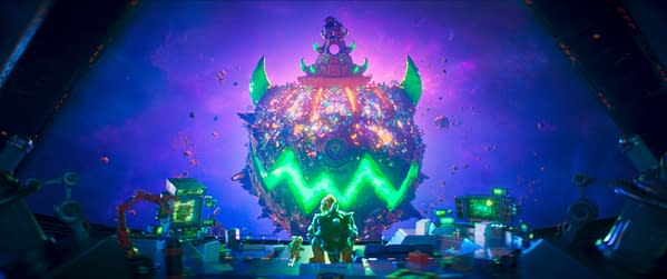 A vibrant illustration depicts a colorful, monstrous spaceship with glowing features and purple cosmic backdrop, while a character resembling a cartoon turtle sits in front of a control panel filled with technology.