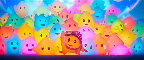 A vibrant illustration featuring a group of cheerful, colorful ghost-like characters, predominantly in shades of pink, blue, green, and yellow, with one character in the foreground wearing goggles and a scarf. The scene is filled with a joyful atmosphere enhanced by the glowing colors.