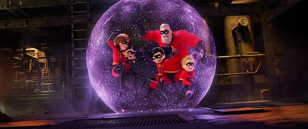 A vibrant animated scene featuring the superhero family, the Incredibles, inside a glowing purple bubble. The characters display a mix of excitement and teamwork as they prepare for action in a industrial setting.