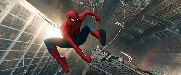 A dynamic scene featuring a character in a red and blue superhero costume, resembling Spider-Man, swinging between tall city buildings. Another character, dressed in a black and white suit, is poised in a dramatic action pose on a rooftop.
