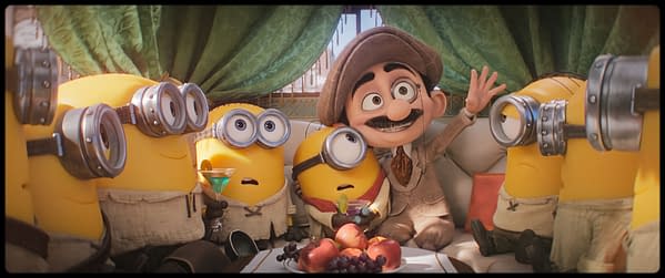 Animated Minions & Monsters scene showing several Minions riding in a limo with a mustached man in a suit and hat, holding drinks and waving.