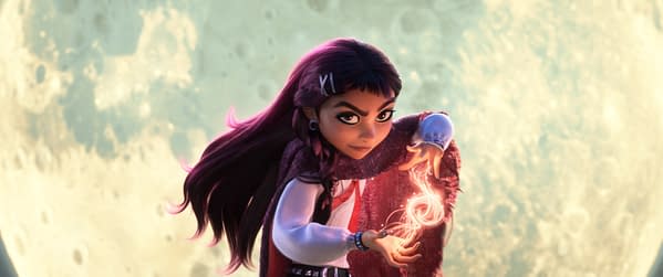 Billie from Disney's Hexed conjures a glowing magical swirl with her hands, staring intensely against a bright, dreamy background.
