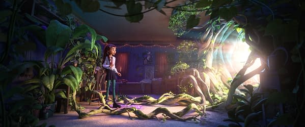 Billie Doe stands in a room overgrown with giant vines and plants, bathed in a magical glow from the right, in Walt Disney Animation Studios' Hexed.