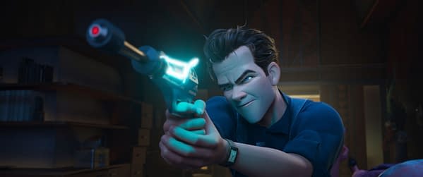 Animated noir detective Raymond Gunn aims a glowing futuristic pistol in a dark room, from Ray Gunn.