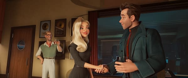 Animated scene from Ray Gunn showing Barry Vogel, Venus Nova, and Ray Gunn shaking hands in a sleek office while another man raises a drink in the background.