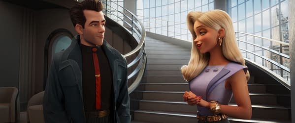 Ray Gunn and Venus Nova stand together in a sleek futuristic interior, talking by a curved staircase with a city skyline behind them.