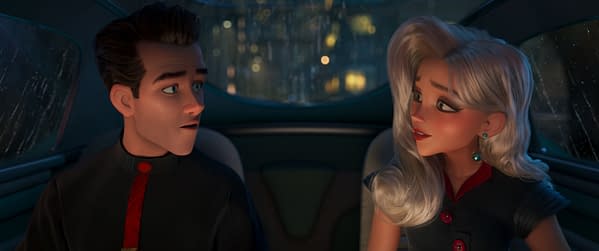 Ray Gunn characters Raymond Gunn and Venus Nova sit facing each other in a car at night, rendered in animated style.