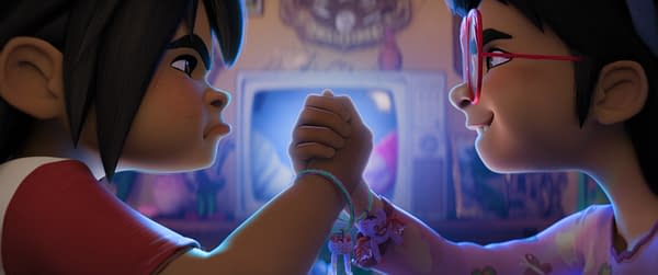 Two animated children face each other in a close-up arm-wrestling pose, with colorful bracelets on their clasped hands. A glowing TV screen and bedroom decor blur in the background.