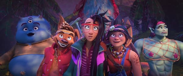 Animated fantasy characters gather in a jungle, including a blue monster, a fox-like creature, two young women, and an elf-like man, all looking upward in surprise.