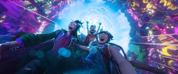 Three animated characters lean toward the camera in a colorful, glowing sci-fi tunnel, smiling with excitement as they fall or ride downward through bright blue light.