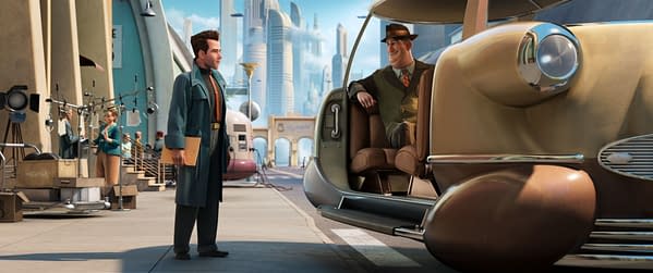 Animated sci-fi scene from Ray Gunn showing a stylish man standing beside a retro-futuristic hover car in a futuristic city.