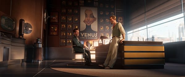 Ray Gunn animated scene showing Raymond Gunn and Barry Vogel in a futuristic office filled with gold records and a Venus concert poster.