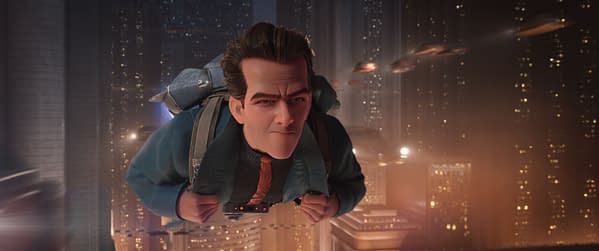 Raymond Gunn, voiced by Sam Rockwell, flies over a futuristic city at night with a jetpack, looking determined.