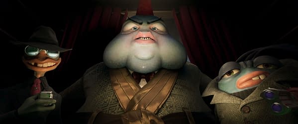 Three stylized animated characters pose in front of red curtains, including a central bulky figure and a smaller figure in a hat with goggles, suggesting a sci-fi cartoon scene from Ray Gunn.