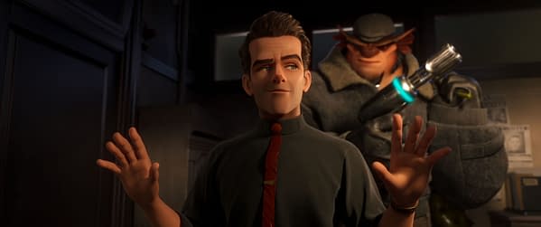 Animated sci-fi scene from Ray Gunn showing a man with hands raised in surrender while a trench-coated figure behind him points a glowing futuristic ray gun.