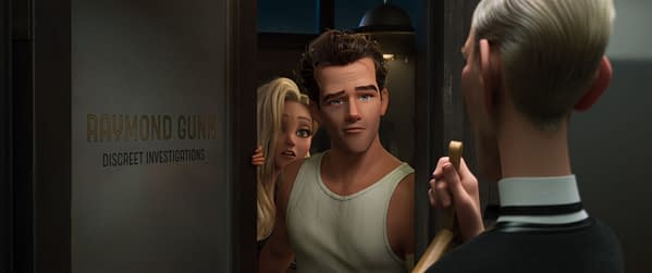 Animated scene of a man and woman peeking through the door of Raymond Gunn Discreet Investigations, facing a blonde man holding the door open.