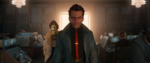 Animated sci-fi scene with a stern man in a dark coat and red tie standing in a futuristic control room, with a one-eyed alien figure behind him.