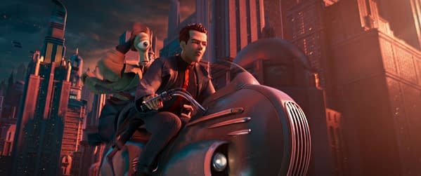 Animated sci-fi scene of a man riding a futuristic motorcycle with a one-eyed alien passenger through a towering neon city.