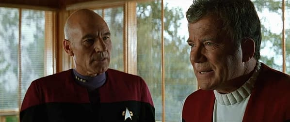 Patrick Stewart as Capt. Jean Luc-Picard and William Shatner as Capt. James T. Kirk in Star Trek: Generations (1994). Image courtesy of Paramount