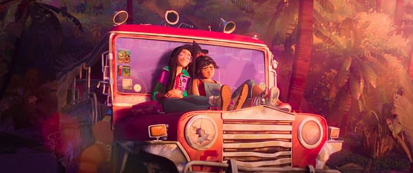 A vibrant, animated scene featuring two characters relaxing on the hood of a red jeep, surrounded by lush tropical foliage. One character is playfully leaning back, while the other appears contemplative, showcasing a sense of adventure and camaraderie.