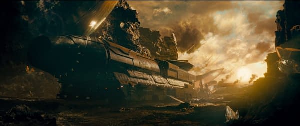 A futuristic spaceship is depicted on a rugged alien landscape, surrounded by rocky formations and illuminated by a dramatic sky filled with swirling clouds. This scene captures the sci-fi aesthetic reminiscent of the 'Rogue Trooper' universe.