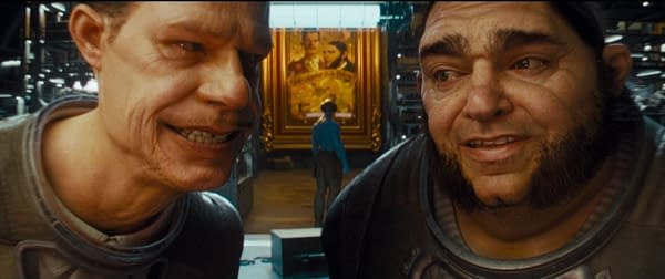 A close-up of two animated male characters with distinct facial features, displaying expressions of amusement or excitement, against a background featuring an ornate painting. The scene likely takes place in a sci-fi setting, possibly related to Comic Con.